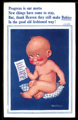 Künstler-AK Donald McGill: Nacktes Baby mit Brief