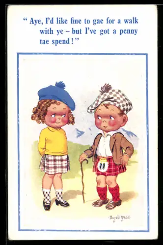 Künstler-AK Donald McGill: Schottisches Pärchen im Kilt