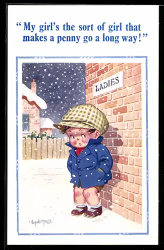 Künstler-AK Donald McGill: Junge wartet bei Schnee vor Klo