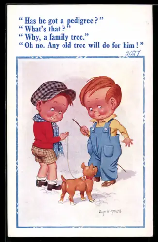 Künstler-AK Donald McGill: Zwei Jungen mit einem Hund