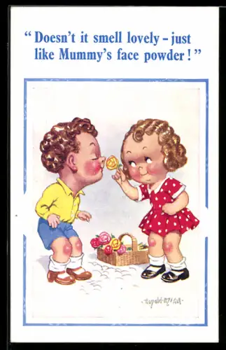 Künstler-AK Donald McGill: Junge riecht an einer Rose