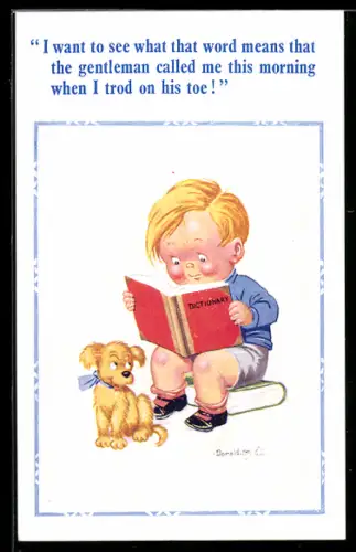 Künstler-AK Donald McGill: Junge liest im Wörterbuch