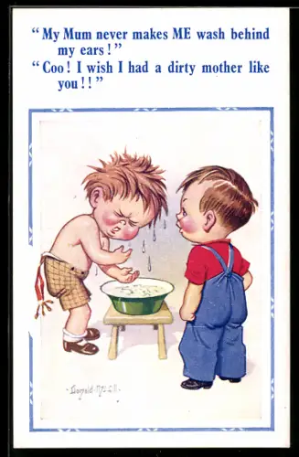 Künstler-AK Donald McGill: Junge an der Waschschüssel