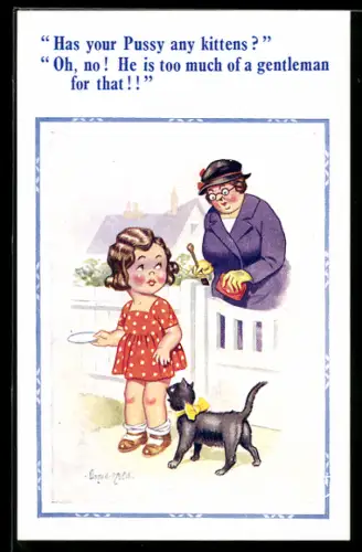 Künstler-AK Donald McGill: Frau spricht Mädchen mit Katze an