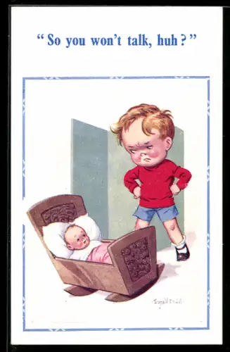 Künstler-AK Donald McGill: Junge bei Baby an der Wiege