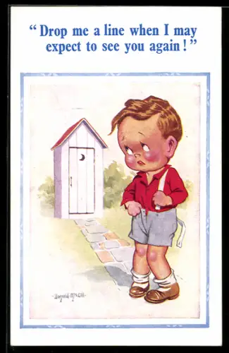 Künstler-AK Donald McGill: Junge wartet vor dem Klo