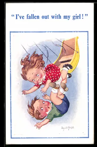 Künstler-AK Donald McGill: Kinder fallen aus der Schaukel