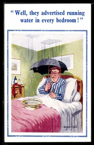 Künstler-AK Donald McGill: Bei Mann regnet es durchs Dach