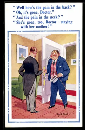 Künstler-AK Donald McGill: Arzt begrüsst Patienten