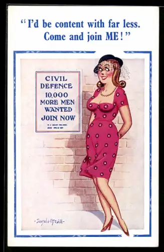 Künstler-AK Donald McGill: Frau vor einem Schild