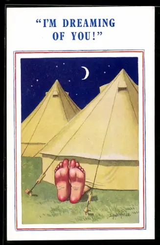 Künstler-AK Donald McGill: Mann im Zelt bei Mondschein