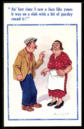 Künstler-AK Donald McGill: Mann macht sich lustig über Gesicht von deformierter Dame