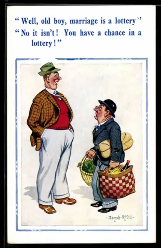 Künstler-AK Donald McGill: Grosser und kleinerer Mann unterhalten sich