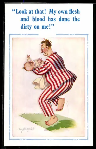 Künstler-AK Donald McGill: Vater mit Baby auf dem Arm