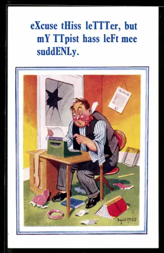 Künstler-AK Donald McGill: Mann sitzt im Chaos und tippt auf der Schreibmaschine