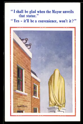 Künstler-AK Donald McGill: Mit einem Tuch verhüllte Statue