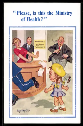 Künstler-AK Donald McGill: Kind mit Pickeln am Empfang