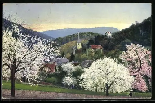 AK Jugenheim, Frühling an der Bergstrasse, Totalansicht mit Kirche