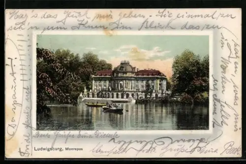 Lithographie Ludwigsburg, Monrepos, mit Bootspartie