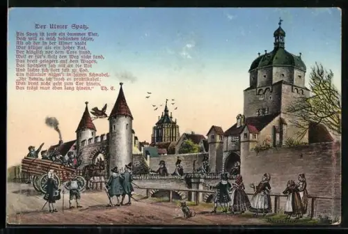 Künstler-AK Ulm, Stadtmauer, Stadttor, Ulmer Münster, Ulmer Spatz