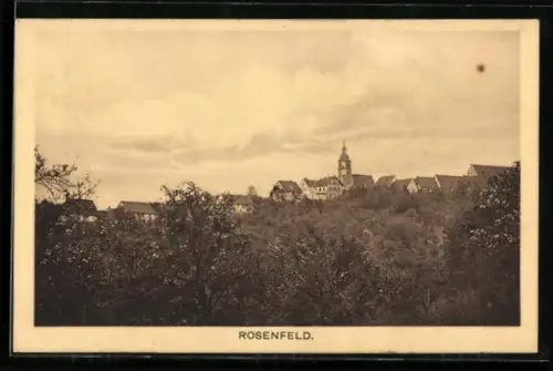 AK Rosenfeld, Ortsansicht mit Kirche und Stadtsilhouette