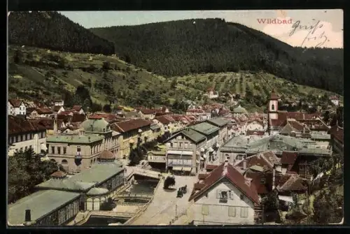 AK Wildbad, Stadtansicht mit Kirche und umliegenden Bergen