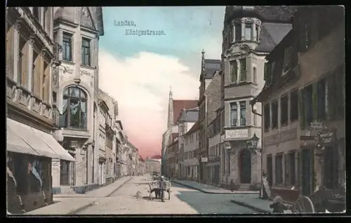 AK Landau, Partie in der Königstrasse mit Café und Friseur