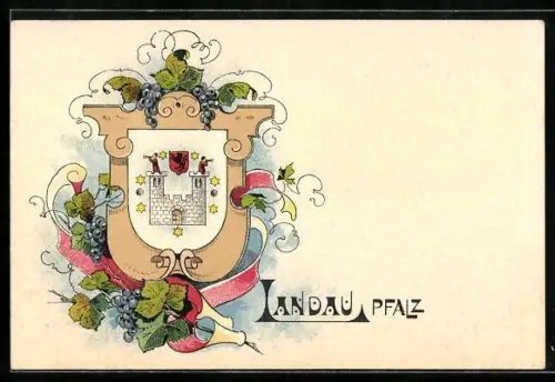 Lithographie Landau, Stadtwappen & Studentenzirkel