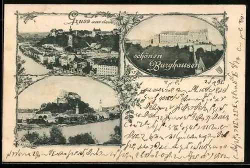 AK Burghausen / Salzach, Gesamtansicht, Blick zur Burganlage