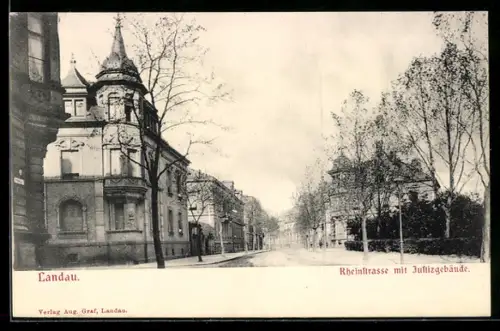 AK Landau, Rheinstrasse mit Justizgebäude