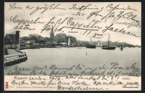 AK Kappeln, Schleiblick mit Hafen und Stadtansicht