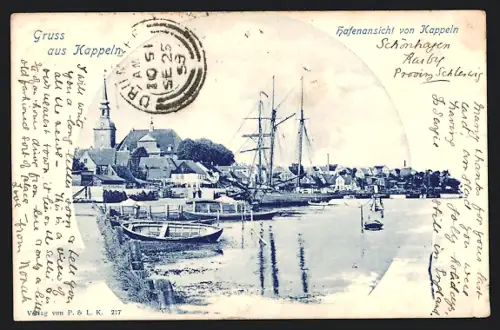 AK Kappeln, Hafenansicht, Kirche, Segelschiffe