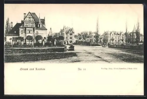 AK Landau, Ortspartie mit Villen und Grünanlagen