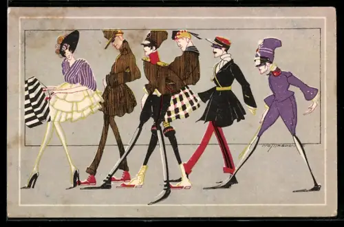 Künstler-AK sign. Ivo Tijardovic: Am Pariser Boulevard, Soldaten in Uniform folgen einer Dame