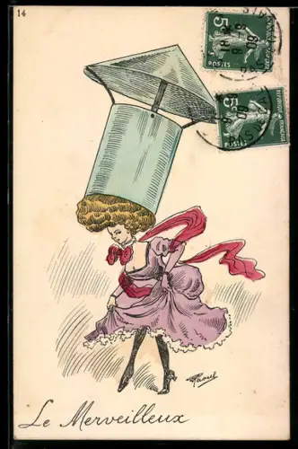 Künstler-AK sign. Raoul: Hübsche Frau mit Schornstein auf dem Kopf