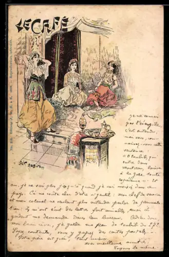 Künstler-AK sign. Abeille: Exotisch gekleidete Damen in einem Café