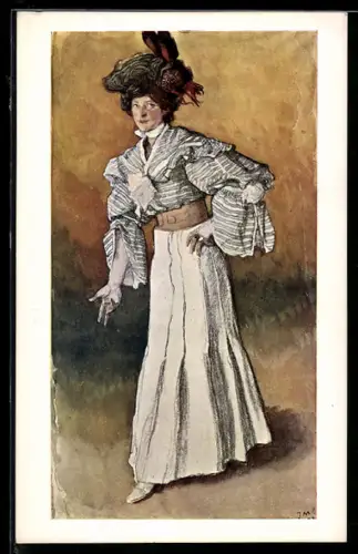 Künstler-AK sign. J. Mehoffer: Elegant gekeidete Dame mit Hut