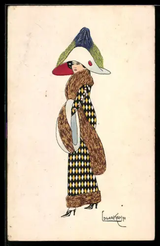 Künstler-AK sign. Edgar Kischall: Elegante Dame mit farbenfrohem Hutschmuck