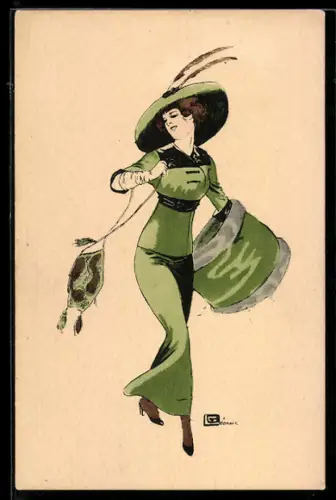 Künstler-AK sign. Leonnec: Dame im eleganten Kleid mit Hut, Handtasche und Muff
