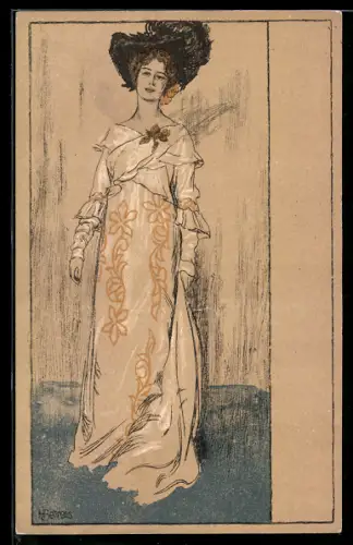 Künstler-AK sign. H. Behrens: Vrein für die Verbesserung von Frauen-Kleidung, schöne Dame im Kleid