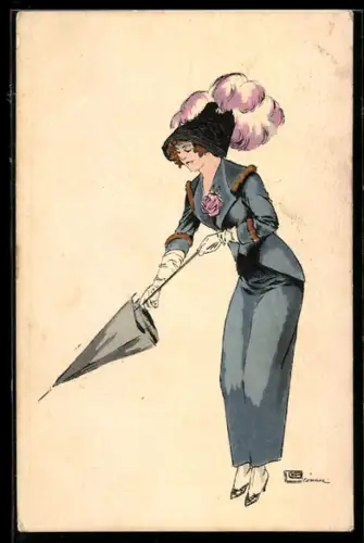 Künstler-AK sign. Georges Leonnec: Hübsche Dame mit Regenschirm