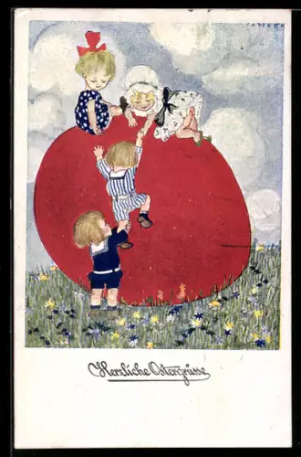 Künstler-AK sign. Singer: Frohe Ostern, Kinder klettern auf ein riesiges Osterei