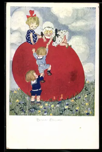 Künstler-AK sign. Susi Singer: Kinder klettern auf einen grossen Ballon