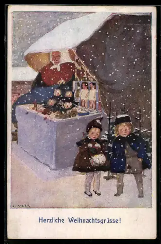 Künstler-AK sign. Susi Singer: Sretan Bozic!, Kinder am Weihnachtsmarktstand einer Frau