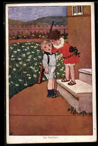 Künstler-AK sign. Susi Singer: Junge mit grossem Gewehr auf dem Rücken verabschiedet sich vor dem Haus von einem Mädchen