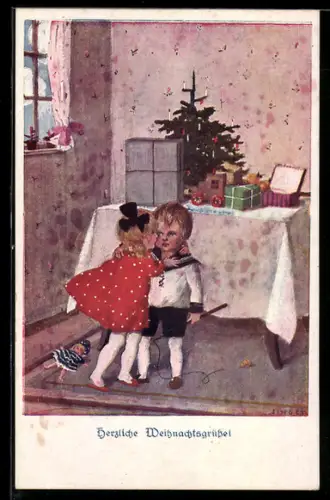 Künstler-AK sign. Susi Singer: Kinder an einem Tisch mit Weihnachtsbaum