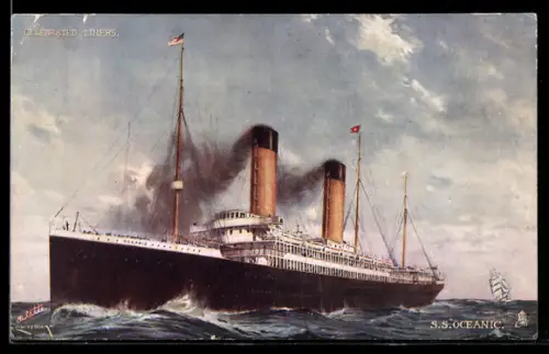 Künstler-AK Passagierschiff S.S. Oceanic der White Star Line in voller Fahrt, im Hintergrund Segelschiff