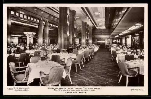 AK Paassenger ship RMS Queen Mary of the Cunard White Star Line, Cabin Restaurant, Passagierschiff