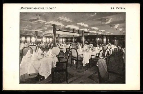 AK Passagierschiff SS Patria, Rotterdamsche Lloyd, Eetzaal 1e klasse