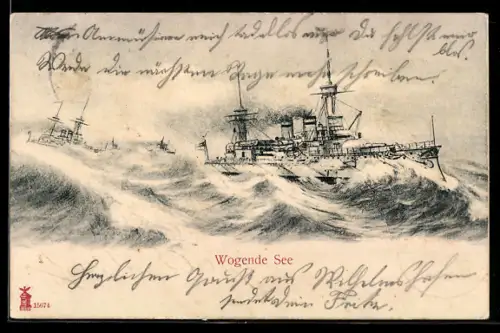 AK Linienschiff der Kaiserlichen Marine in wogender See, Kriegsschiff